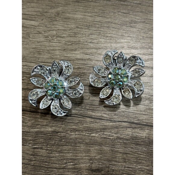 Vintage Sarah Coventry Mountain Flower 7210 Clip-on Earrings AB Crystals 1960's - Picture 1 of 6